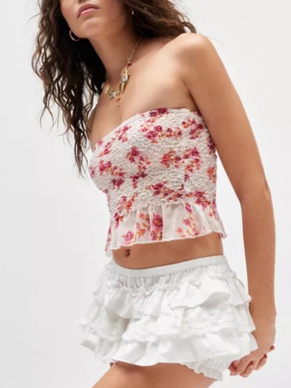NWT Kimchi Blue Poppy Peplum Tube Top Urban Outfitters Cropped Coquette Smocked